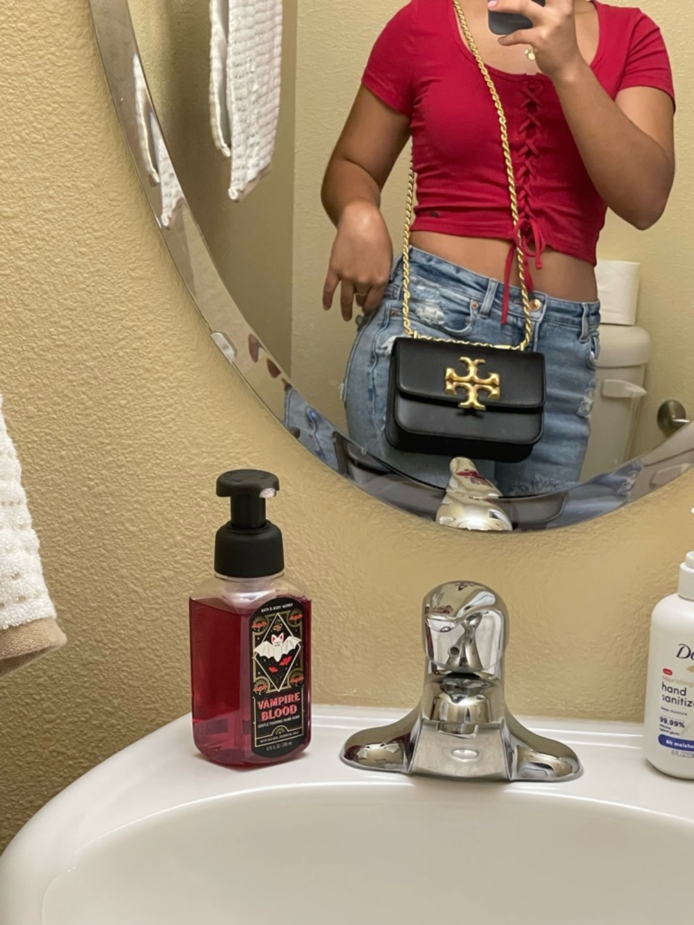 Tory Burch Black Leather Crossbody with Gold Chain and Logo